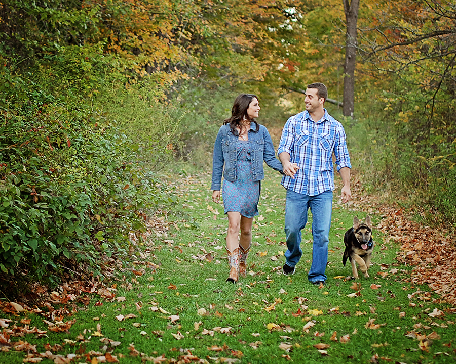 outdoor engagement portraits, outdoor fall engagement pictures, Columbia City engagement photographer, Fort Wayne engagement photographer, family portraits with dog