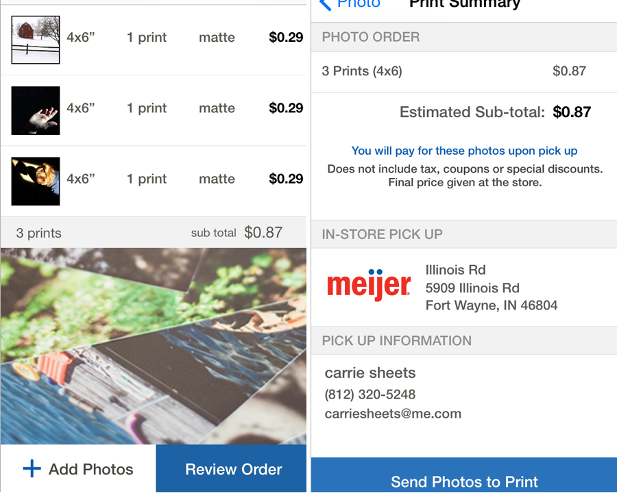 ordering pictures from cell phone, printing pictures from cell phone, Meijer Ap, 